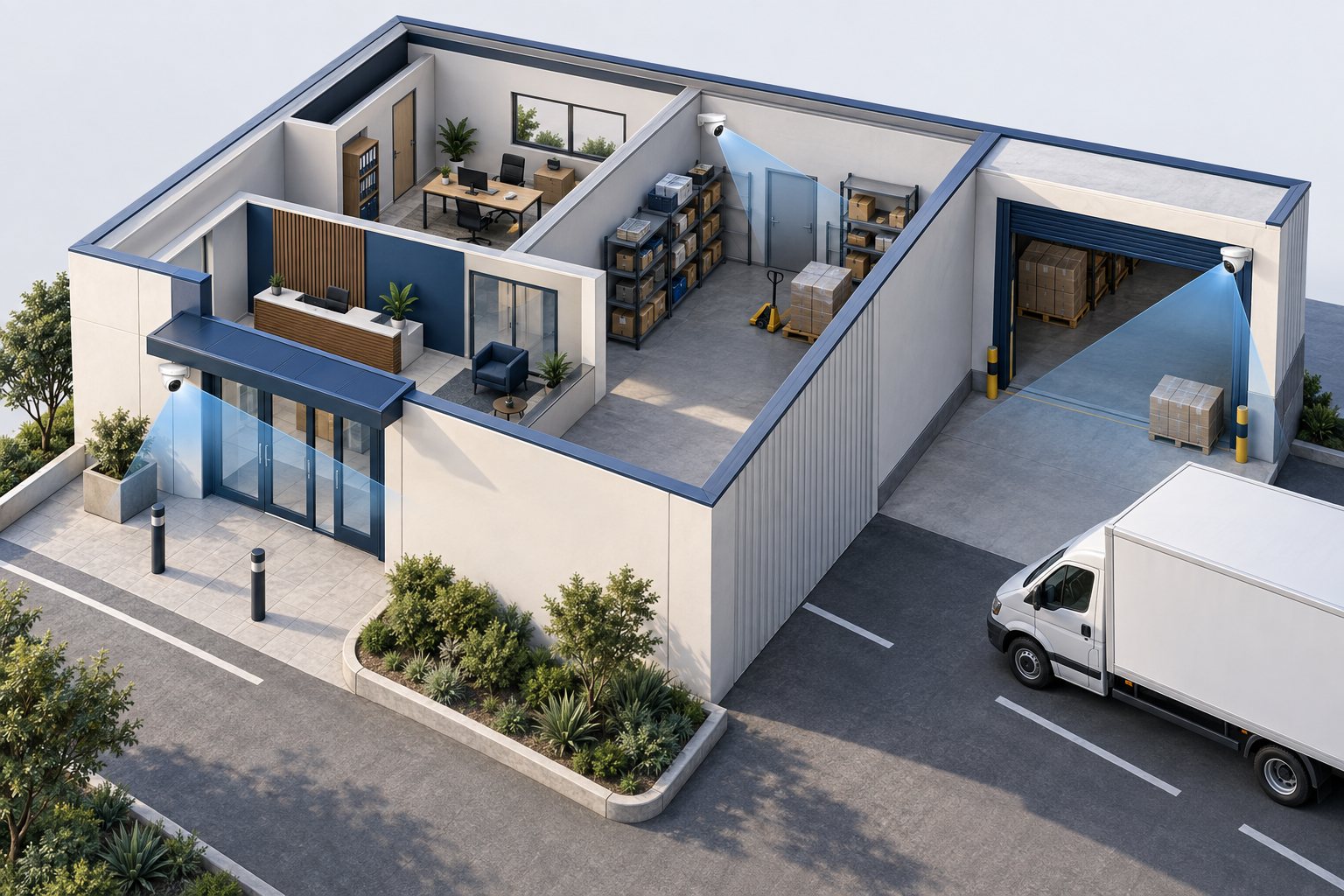 Illustration of CCTV cameras covering a business entrance, stock room and loading bay