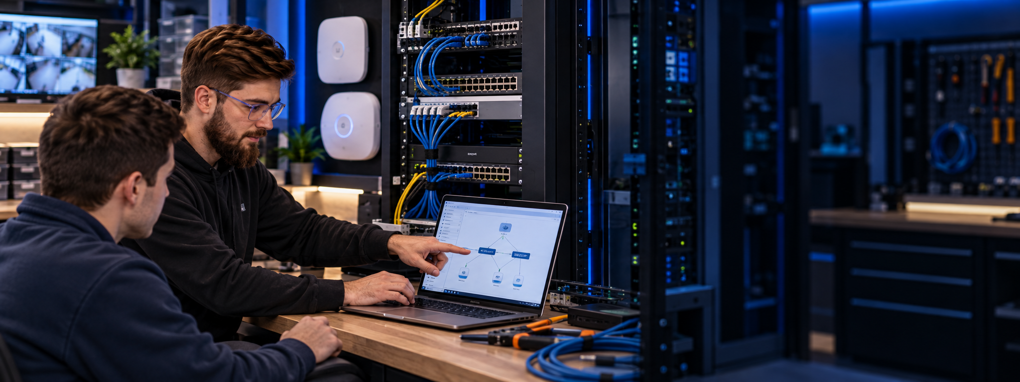 Anthony Roux mentoring a technician beside network equipment