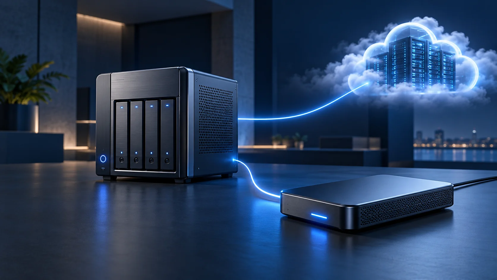 Business backup strategy illustration showing a NAS, separate backup drive and off-site cloud storage