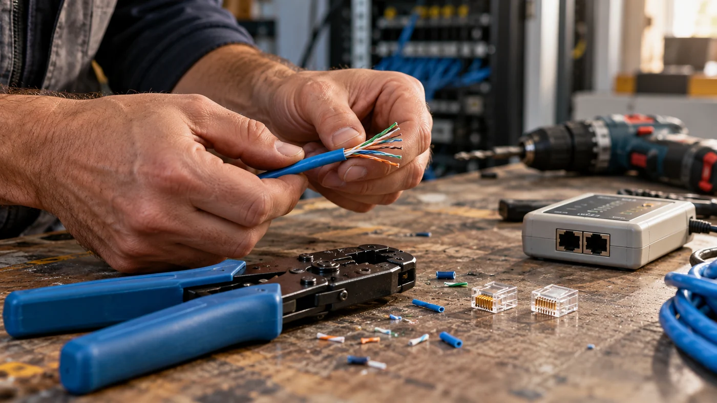 Illustration of hands preparing Ethernet cable beside an RJ45 crimping tool, cable tester and drill.