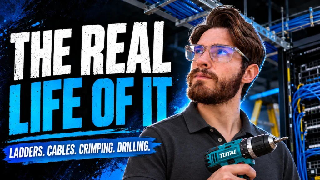 The Real Life of IT — Anthony Roux in a golf shirt holding a TOTAL drill, with network cabling and equipment behind him. Illustrated cover artwork.